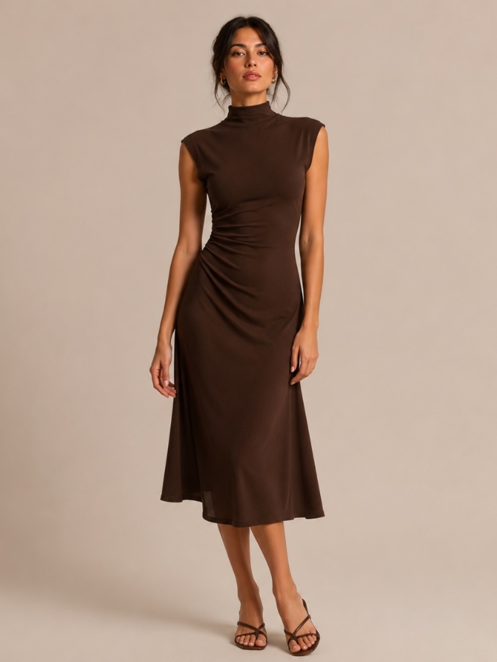 NWT OGL Brown Mockneck Ruched Bodycon Sleeveless Midi Dress Minimalist Chic Sz S